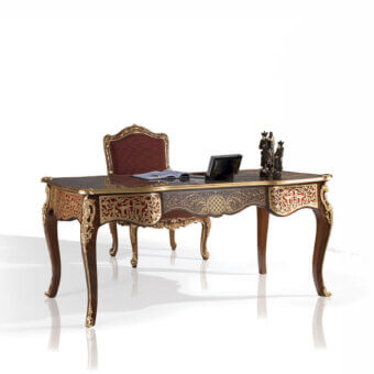 Exquisite Armando Rho A1141 desk crafted in ribbon stripe walnut with gold detailing and red textile panels