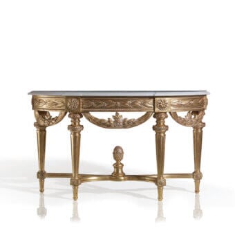 Exceptional Armando Rho A1143 console with pale blue-grey marble tabletop and luminous gold leaf finish crafted in Italy