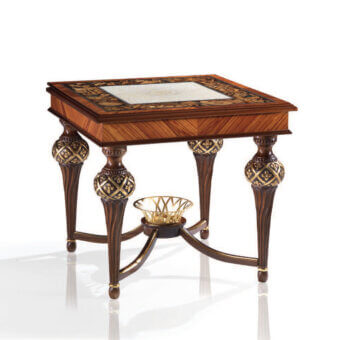 Distinguished Armando Rho A1147 side table with dark brown wood, white marble inlay and gilded accents in glossy finish