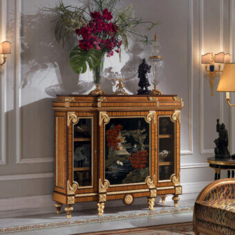 Exquisite Armando Rho A1152 cabinet crafted with satinwood and amaranth veneers in warm brown with gilded details and glossy finish