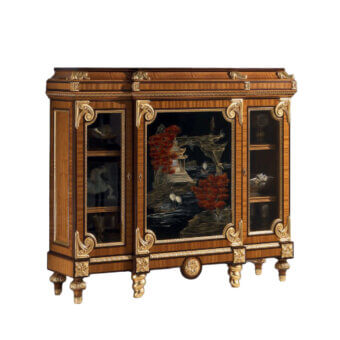Superior Armando Rho A1152 cabinet built with satinwood and amaranth in warm brown tones with gilded details and glossy finish