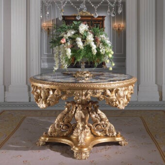 Distinguished Armando Rho A1153 foyer table crafted in marble with delicate inlays and radiant gold leaf finish