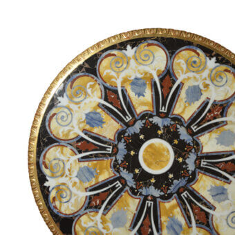 Distinguished Armando Rho A1153 foyer table crafted in marble with gold leaf finish and delicate floral inlays