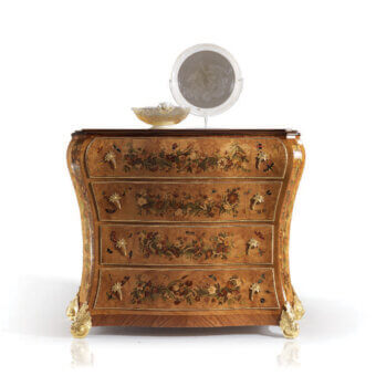 Exceptional Armando Rho 1160 dresser with bois de rose and bird’s eye maple, showcasing butterfly inlays and luminous glossy veneer