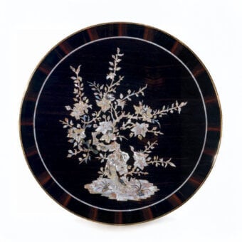 Lavish Armando Rho A1161 side table handcrafted in ebony solids with luminous mother of pearl inlays