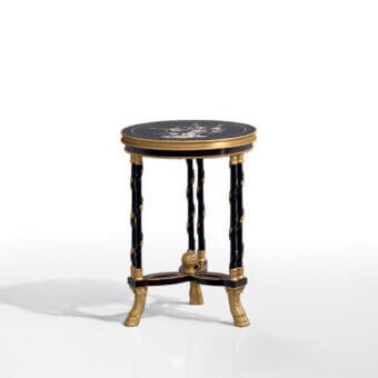 Distinguished Armando Rho A1161 side table crafted in ebony solids with luminous mother of pearl inlays and glossy finish