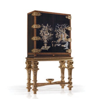 Superior Armando Rho A1164 bar cabinet crafted with luminous gold leaf linden wood and contrasting ebony, adorned in mother of pearl inlay