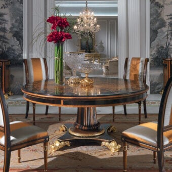 Distinguished Armando Rho A1173 table crafted in ebony with bois de rose accents and intricate gilded inlays showcasing a classic finish
