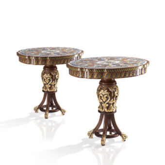 Distinctive Armando Rho A1179 side table crafted in mahogany solids with multicolor floral inlays and a polished finish