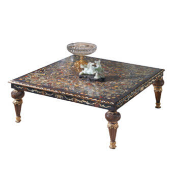 Distinguished Armando Rho A1180 coffee table crafted in walnut with ebony and turtle shell insert, glossy finish with gilded metal inlays