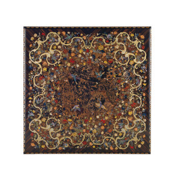 Exceptional Armando Rho A1180 coffee table handcrafted in walnut with an ebony and turtle shell insert top and ornate metal inlays
