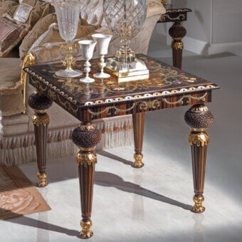 Distinguished Armando Rho A1181 side table with walnut frame and ebony, turtle shell top, detailed with metal, mother-of-pearl inlays and glossy finish