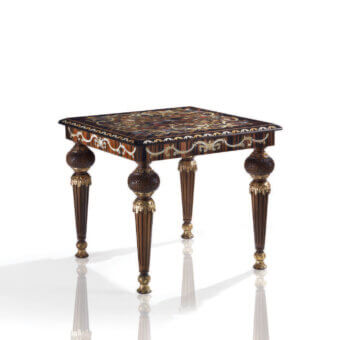 Exquisite Armando Rho A1181 side table with walnut frame and ebony, turtle shell top inlaid with metal and mother-of-pearl accents finished in gilded details