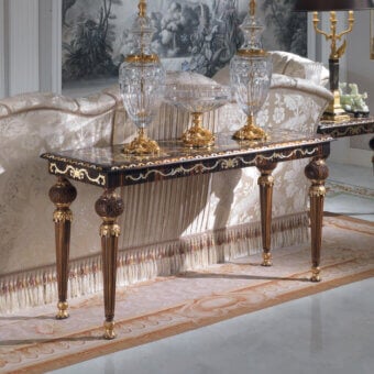 Distinguished Armando Rho A1182 console crafted in walnut solid with ebony and turtle shell insert, showcasing gilded metal accents and mother-of-pearl inlays