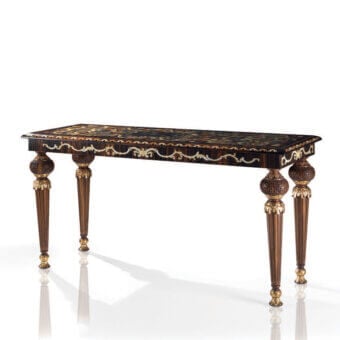 Exquisite Armando Rho A1182 console crafted in walnut solid with inlaid ebony and turtle shell, exhibiting a glossy dark brown finish