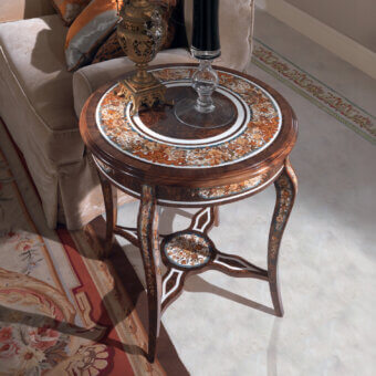 Distinguished Armando Rho A1185 side table crafted in walnut Persian burl wood with intricate marquetry and glossy sheen