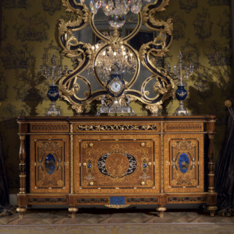 Distinguished Armando Rho 1188 dresser crafted from satinwood, walnut Persian burl and ebony with luminous mother-of-pearl inlays and golden-brown finish