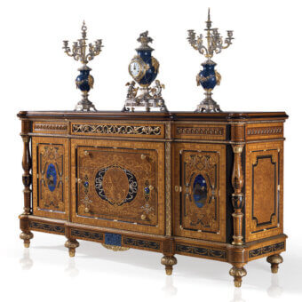 Lavish Armando Rho 1188 dresser crafted from satinwood, walnut Persian burl and ebony with luminous mother-of-pearl inlays and gilded metal detailing