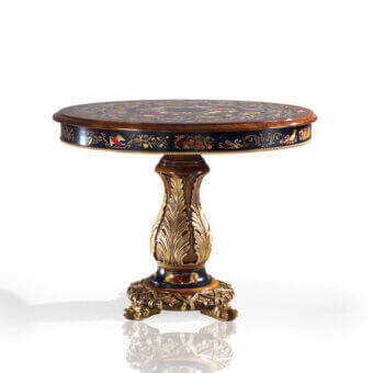Exceptional Armando Rho A1194 foyer table handcrafted in ebony with intricate inlays and gilded accents on the classically-inspired base