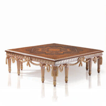 Distinguished Armando Rho A1213 coffee table crafted in walnut Persian burl, California walnut burl, and amboina burl with gold leaf accents and glossy finish