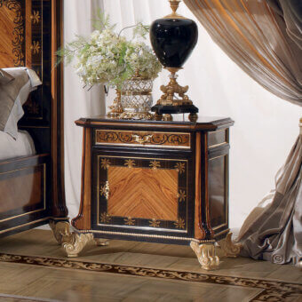 Exceptional Armando Rho A1216 nightstand crafted in bois de rose and ebony with intricate inlay work and glossy satin finishes