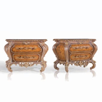 Distinguished Armando Rho A1219 nightstand crafted in yew wood, olive wood, and walnut Persian burl with a warm golden-brown glossy finish