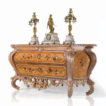 Superior Armando Rho A1220 dresser crafted in yew wood, olive wood, and walnut Persian burl with glossy finish