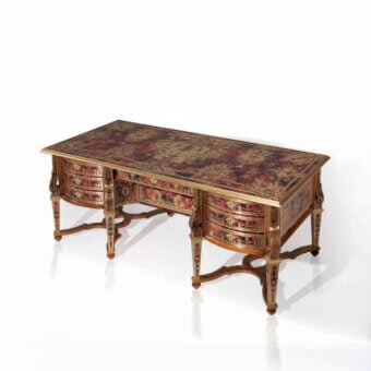 Exquisite Armando Rho A1238 desk crafted in Italy with a turtle shell finish and intricate metal inlays showcasing reds, browns, and golds