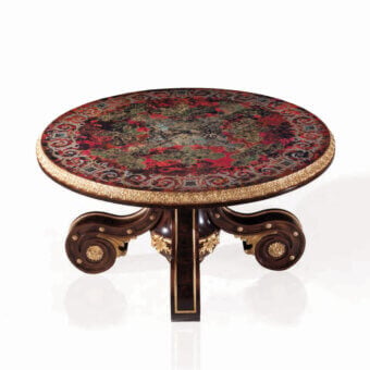 Distinguished Armando Rho A1240 foyer table with red floral textile tabletop and walnut burl base crafted with gold leaf accents
