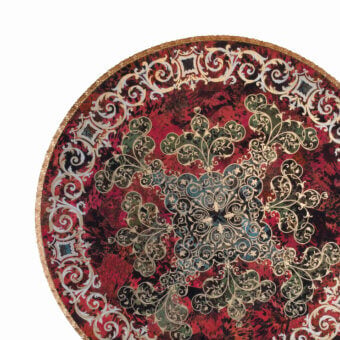 Exquisite Armando Rho A1240 foyer table with turtle shell tabletop and ornate metal inlays in red, gold, and dark blue hues crafted with a glossy finish