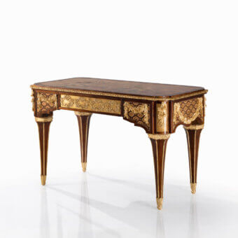 Distinguished Armando Rho A1241 desk crafted in mahogany and ash burl with brass and copper inlays and glossy dark brown finish