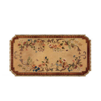 Exquisite Armando Rho A1241 desk crafted in mahogany and ash burl with floral inlay and delicate brass copper accents