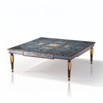 Distinguished Armando Rho A1247 coffee table with solid walnut foundation and blue wood veneer, showcasing aluminum inlays and a glossy finish