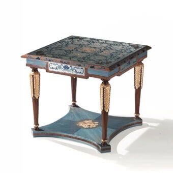 Refined Armando Rho A1249 side table crafted in solid walnut with sleek aluminum inlays and deep blue wood veneers