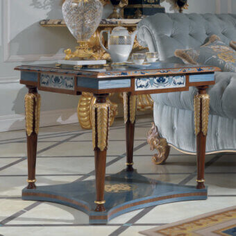 Lavish Armando Rho A1249 side table handcrafted in solid walnut with aluminum inlays and deep blue wood veneers, gloss finished