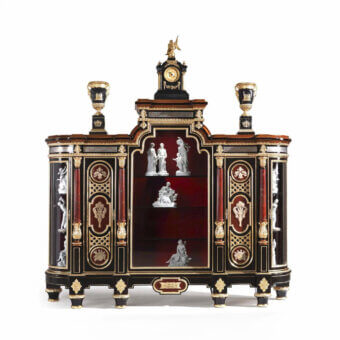 Exclusive Armando Rho A1259 cabinet with lustrous ebony finish and exquisite jasper semi-precious stone inserts