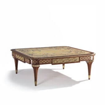 Distinguished Armando Rho A1262 coffee table crafted with mahogany, ash burl and brass veneer inlays with satin finish