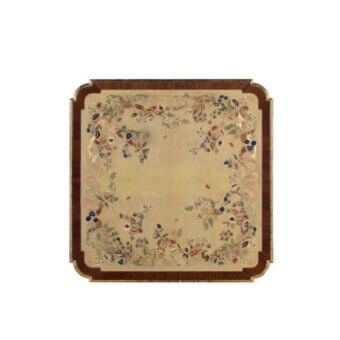 Elegant Armando Rho A1262 coffee table handcrafted with mahogany, ash burl, brass, and muted floral textile inlays with satin finish
