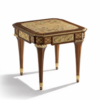Distinguished Armando Rho A1263 side table with mahogany and ash burl wood, showcasing marquetry details and gilded metal accents