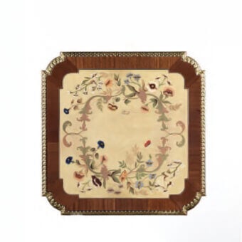Exceptional Armando Rho A1263 side table crafted in mahogany and ash burl wood with a satin finish and floral panel