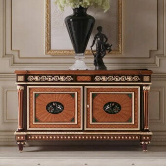Distinguished Armando Rho A1269 sideboard crafted in walnut Persian burl, yew wood, amaranth with white onyx and glossy finish