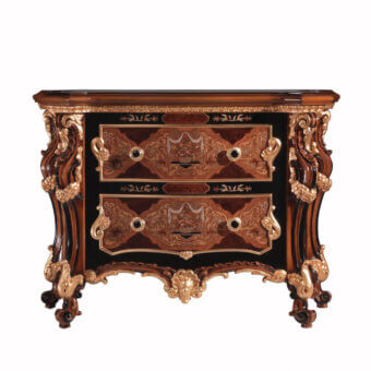Lavish Armando Rho A1275 nightstand crafted in walnut Persian burl, amboyna burl, and olive wood with gold leaf accents
