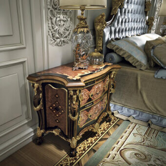 Exquisite Armando Rho A1275 nightstand crafted in walnut Persian burl, amboyna burl, and olive wood with gold leaf detailing