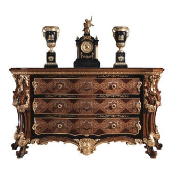 Lavish Armando Rho A1276 dresser crafted in walnut Persian burl, amboyna burl, and olive wood with gold leaf detailing and dark brown finish