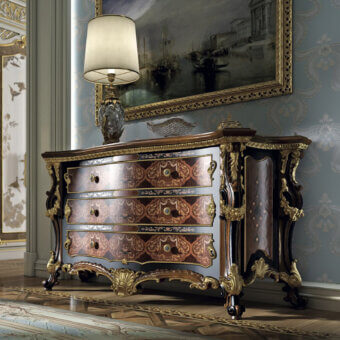Distinguished Armando Rho A1276 dresser crafted in walnut Persian burl, amboyna burl, and olive wood with a glossy finish