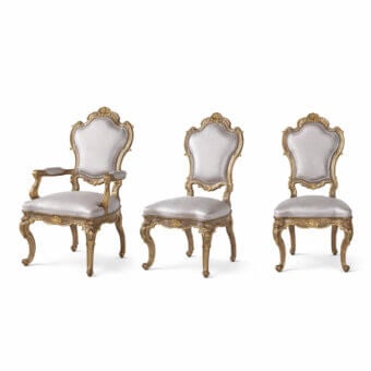 Distinguished Armando Rho A1343 & A1344 chair with cherry wood frame and light grey textile upholstery crafted with gold leaf accents