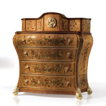 Distinguished Armando Rho 1160 dresser crafted with bois de rose and bird’s eye maple exhibiting glossy butterfly inlays