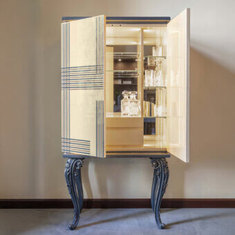Distinguished BelMondo by Bellotti Ezio bar cabinet crafted with maple, canaletto walnut and blue Bolivar inlays in glossy lacquer