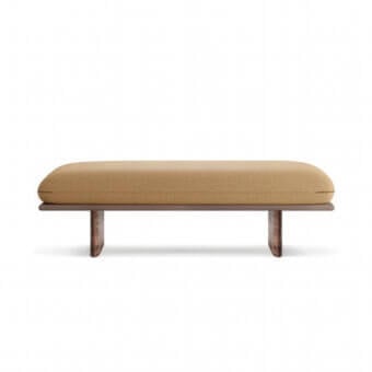 Distinguished Borzalino Connor Bench bench with golden-yellow textile upholstery and reddish-brown canaletto walnut finish