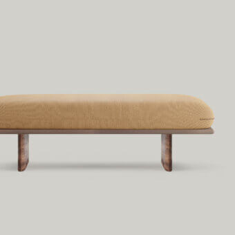 Exceptional Borzalino Connor Bench bench crafted with sandy beige woven textile upholstery and darker brown wood frame